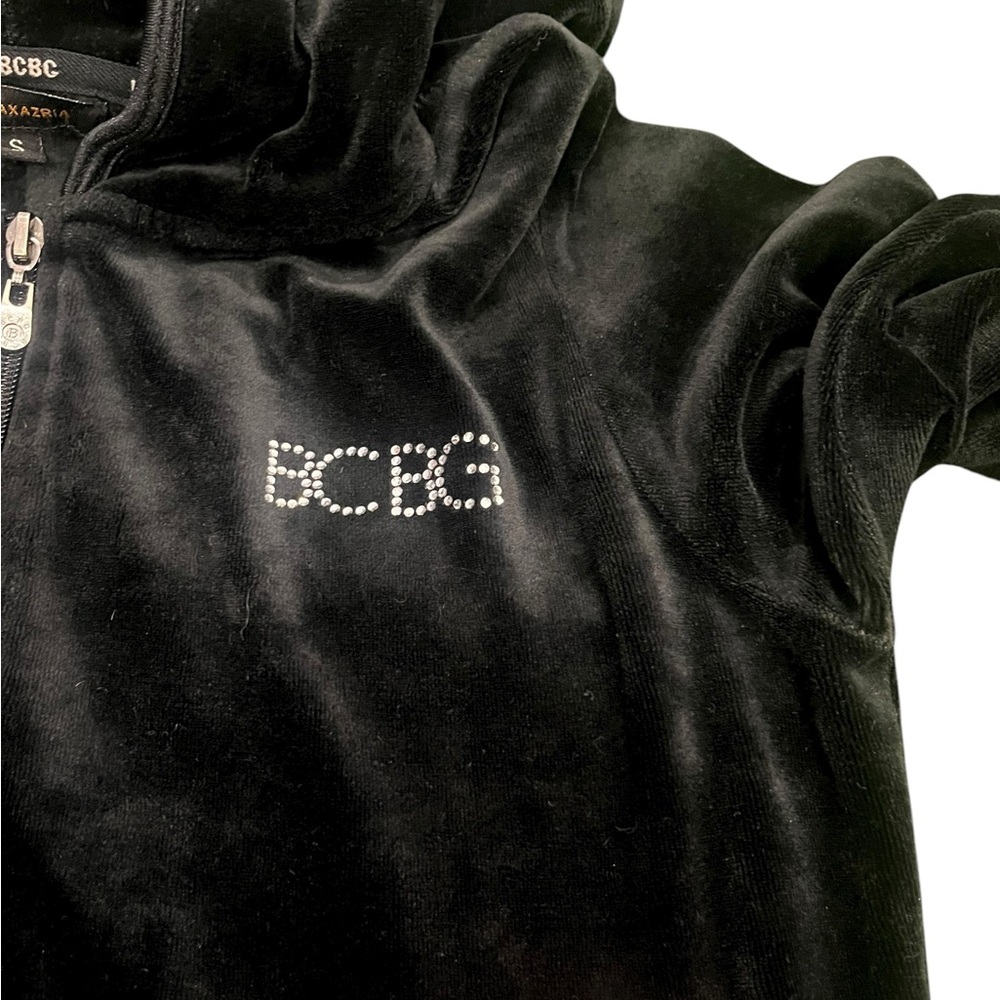 BCBG Y2K Rhinestone Logo Black Velvet Zip-Up Hoodie Small - Picture 4 of 8